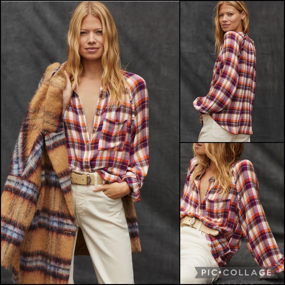 Anthro Pilcro Gauzy Knit Ruffle Button Down Peasant Blouse Shirt